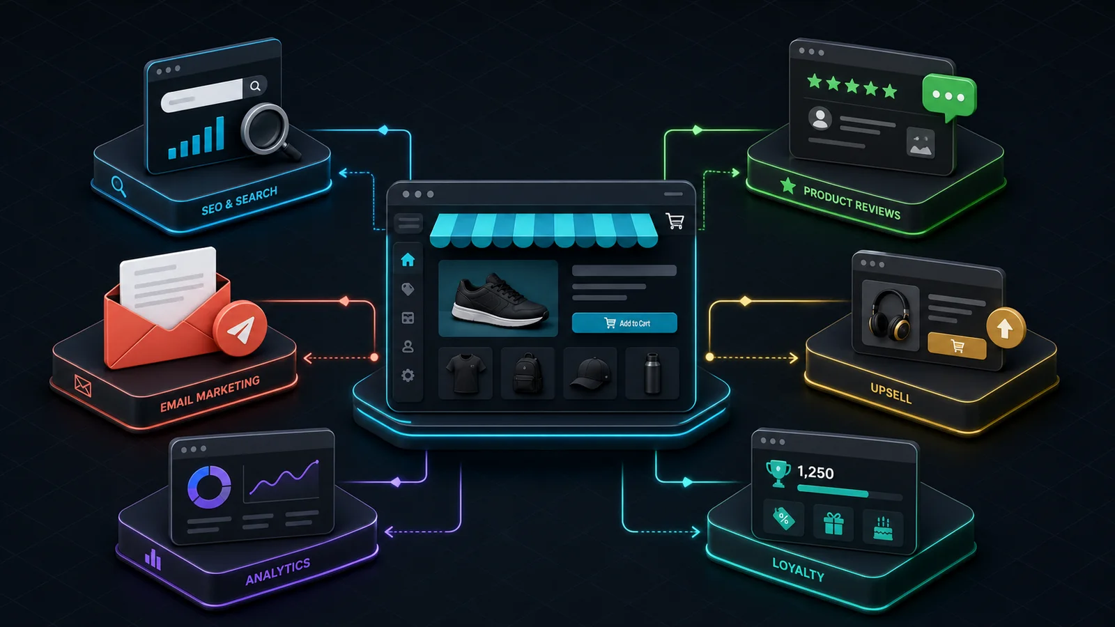 Shopify AI app ecosystem connecting merchandising, support, marketing, and analytics workflows