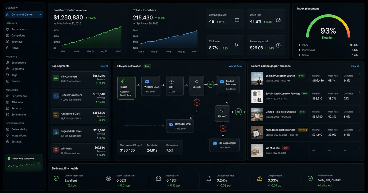 Shopify email marketing dashboard comparing lifecycle campaigns, segmentation, and automation platforms