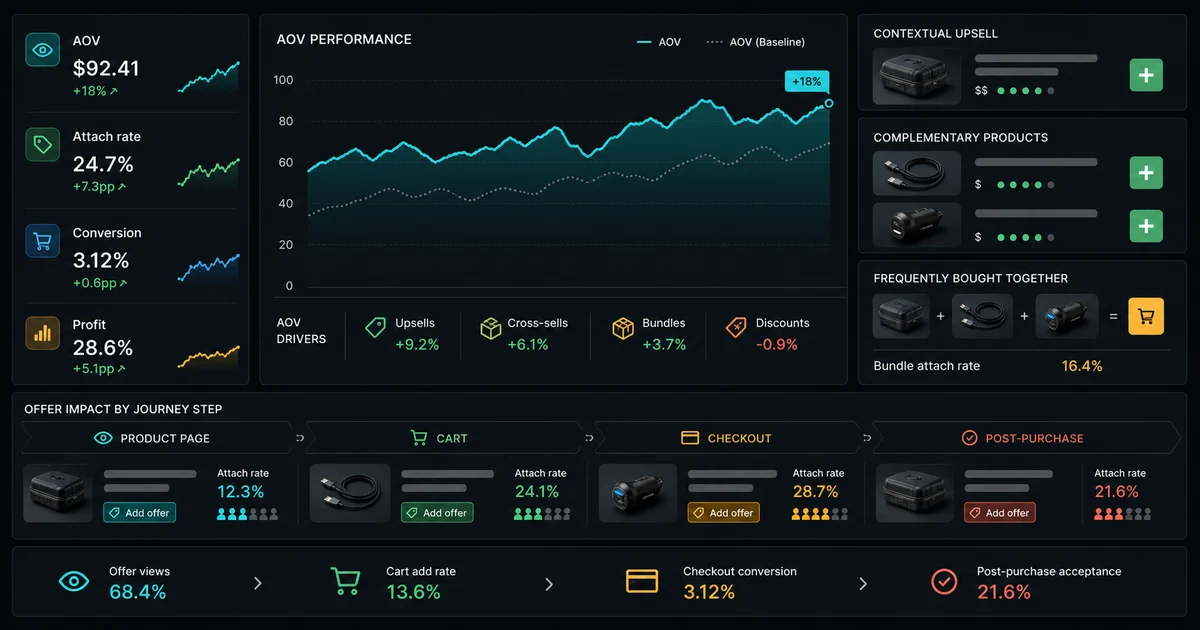Shopify upsell and cross-sell journey connecting product recommendations, cart offers, and checkout