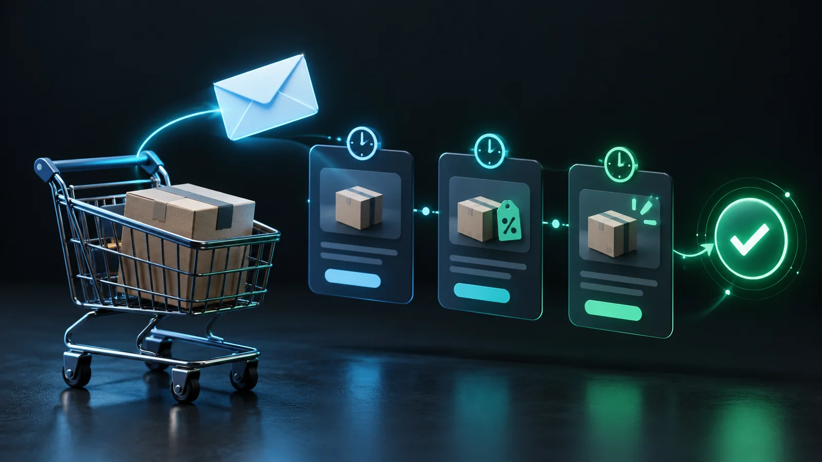Abstract shopping cart connected to a sequence of helpful recovery email cards