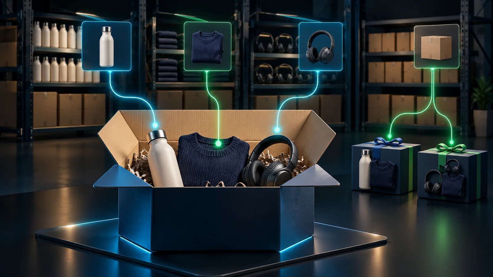 An open product bundle connected to component stock shelves and other gift sets