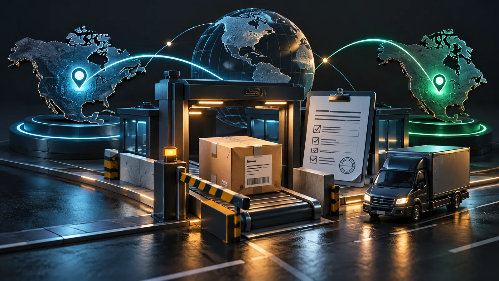 Editorial illustration of parcels crossing a border through connected customs and delivery checkpoints