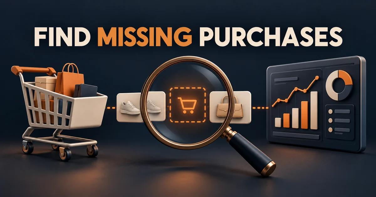 Analytics illustration showing a missing purchase signal between Shopify checkout and a GA4 reporting dashboard