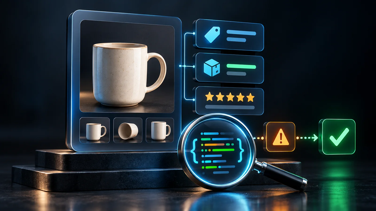 A product page and connected offer details inspected through a lens beside warning and validation symbols