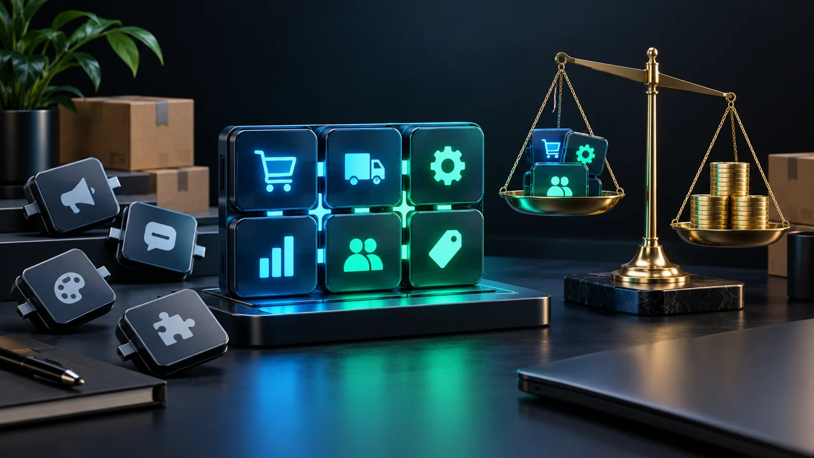 Abstract ecommerce app cards organized beside a streamlined subscription cost dashboard