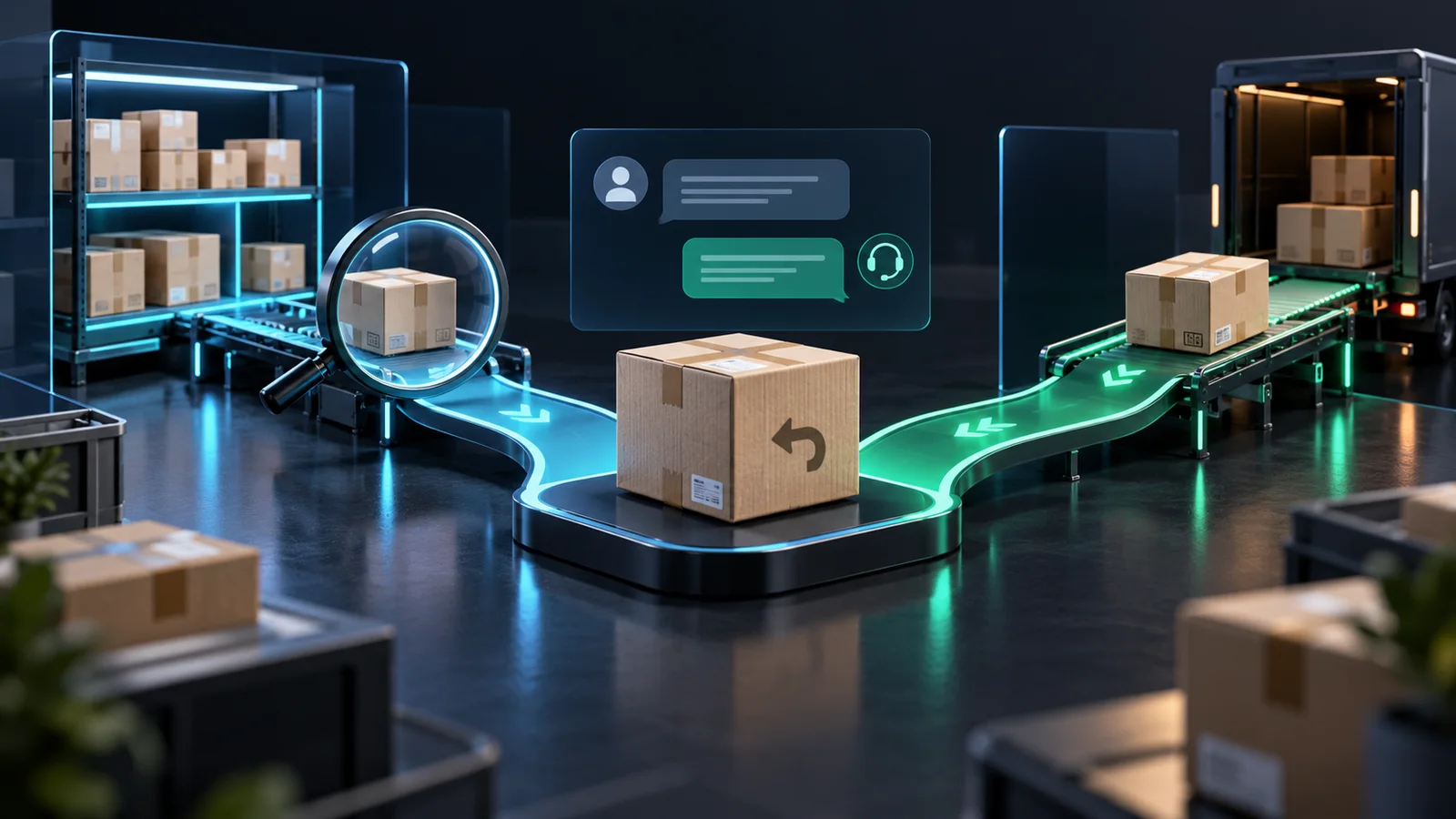 A returned parcel moving through inspection toward restocking or replacement shipment