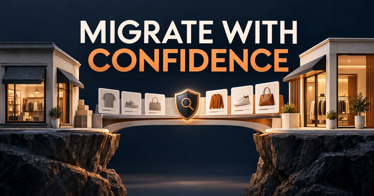 Two ecommerce storefront systems connected by an organized migration path preserving products and search signals