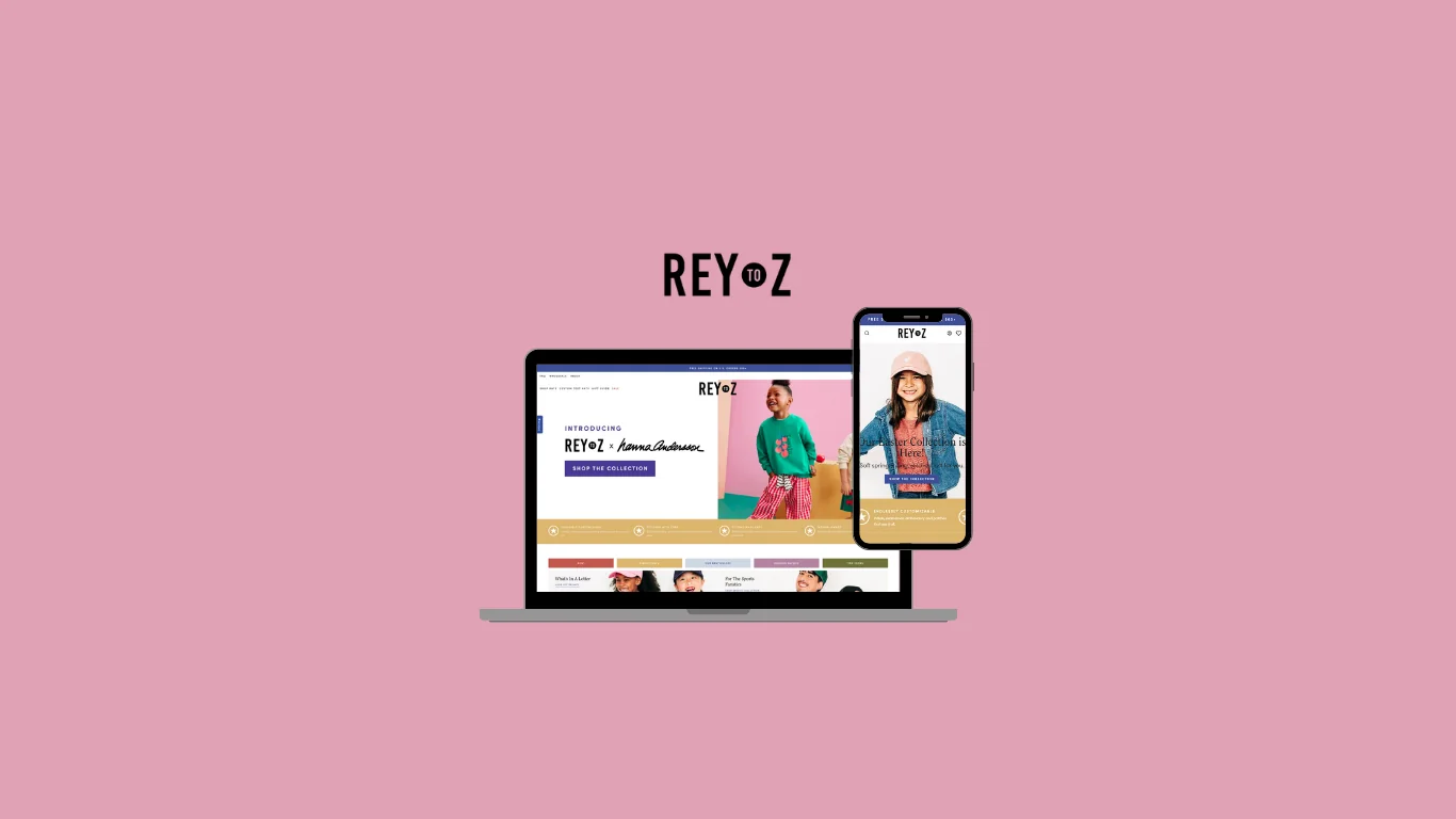 Rey to Z personalized family hat storefront shown on laptop and phone