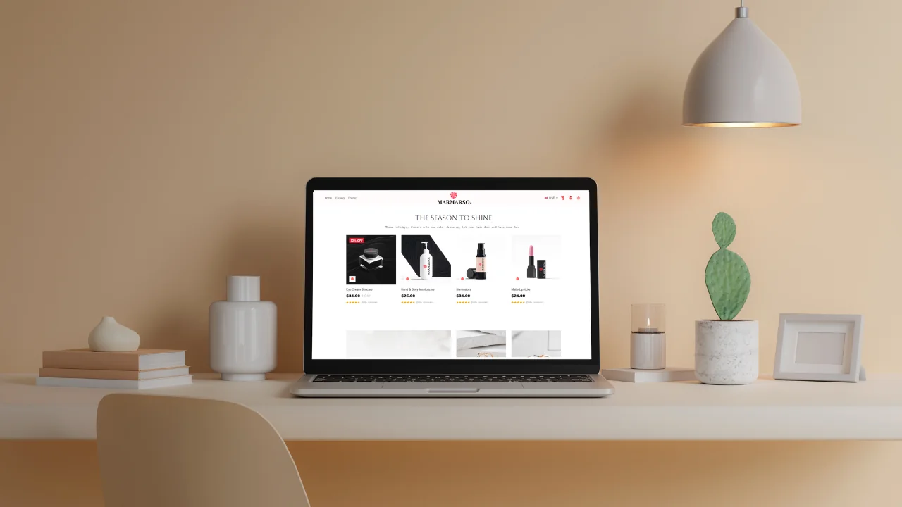 MARMARSO beauty and skincare ecommerce homepage displayed on a laptop