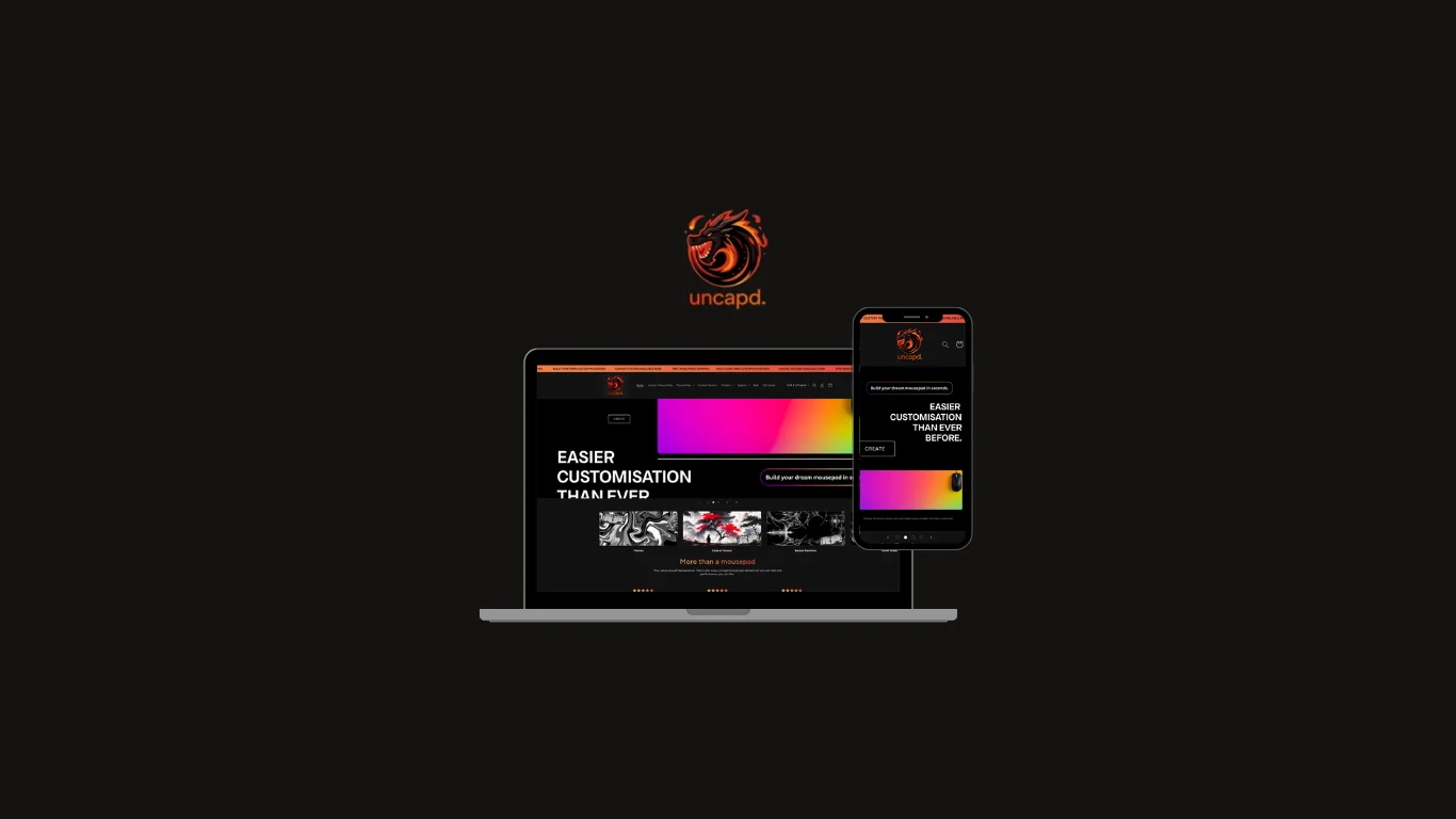 Shop Uncapd gaming mousepad and custom desk-mat storefront shown on laptop and phone