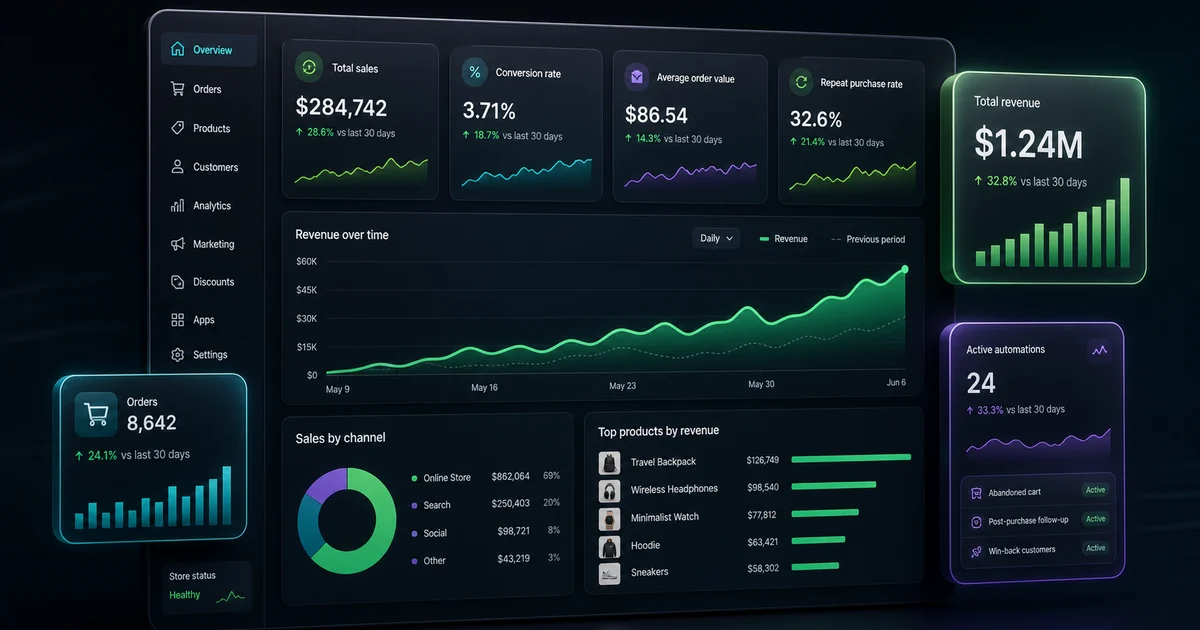 Shopify growth dashboard comparing apps for conversion, retention, merchandising, and customer support