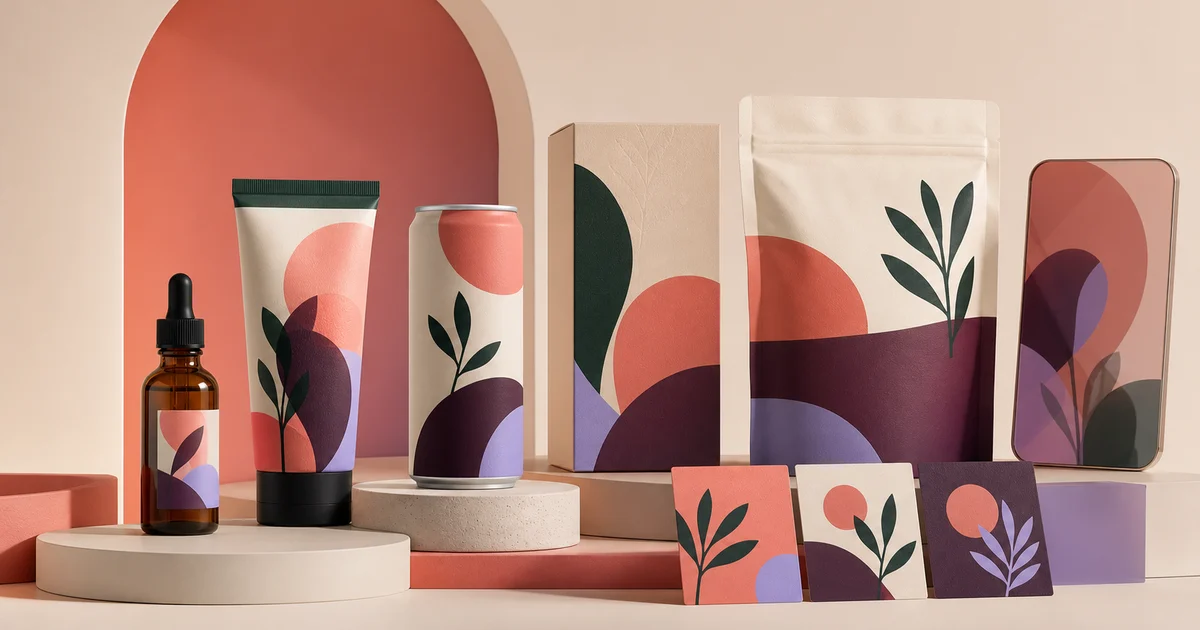 Brand-neutral consumer product identity presented across packaging, ecommerce panels, and campaign cards