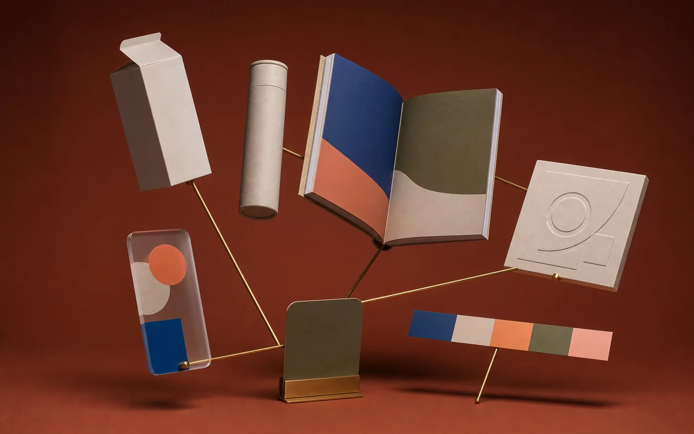 A suspended constellation of brand-neutral packaging, editorial, presentation and digital deliverables