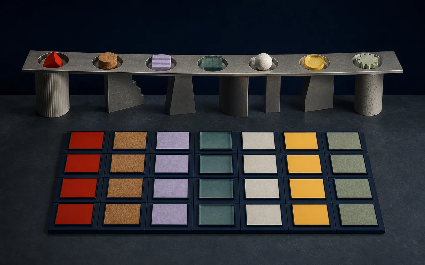 A sculptural evaluation instrument balancing different capabilities above a modular evidence grid