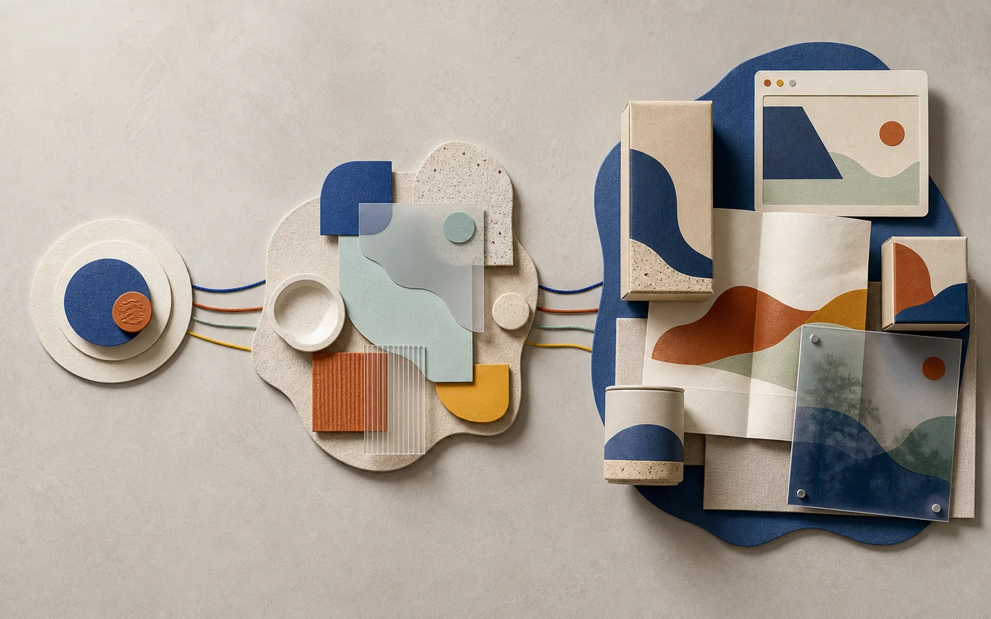 Three connected tactile islands showing foundational, strategic and comprehensive branding project scopes