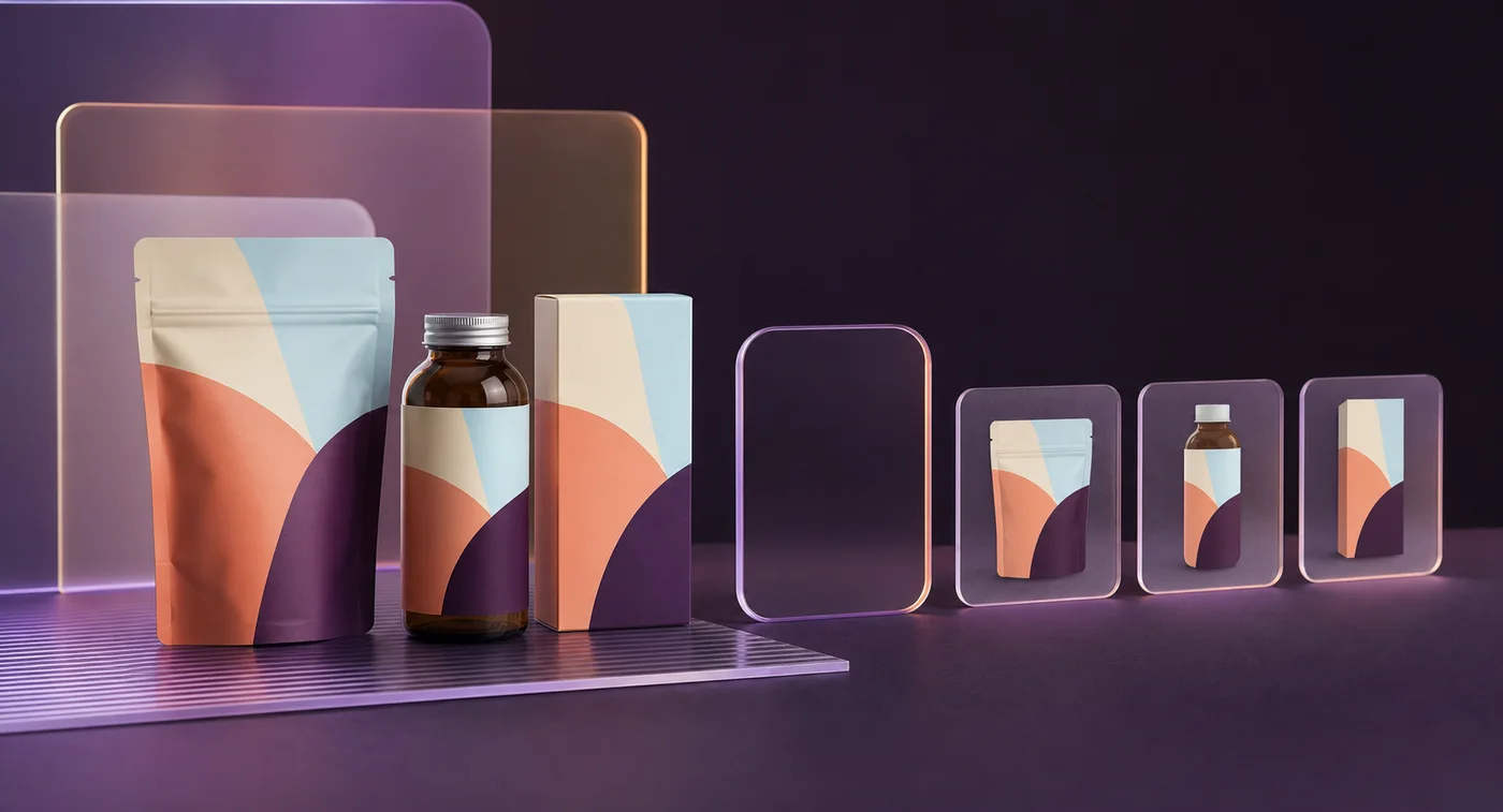Brand-neutral packaging retaining its identity from physical products to small ecommerce-style image tiles