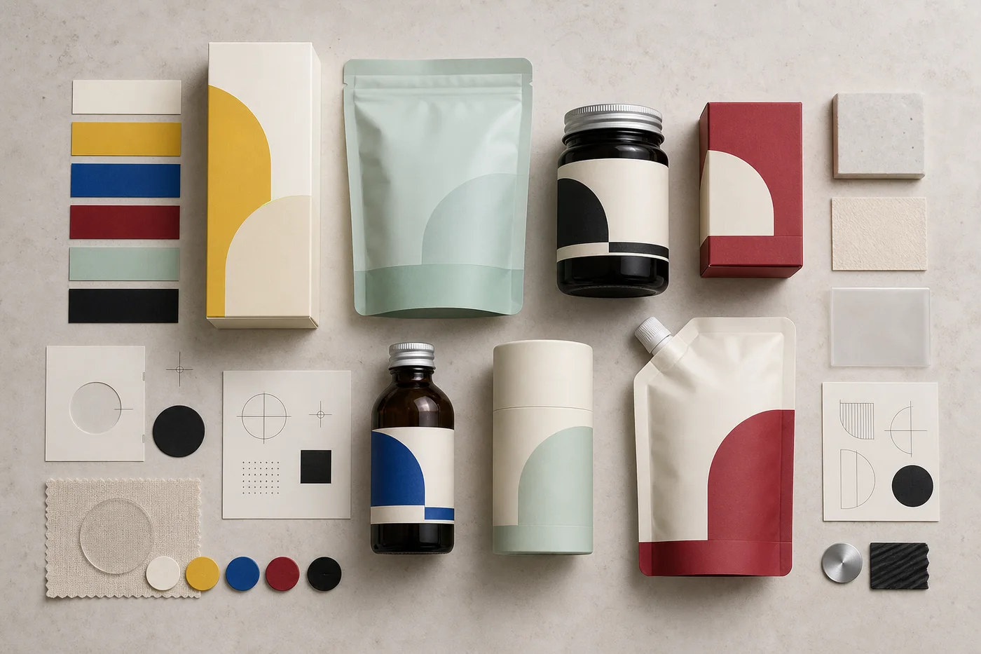 A brand-neutral packaging system using controlled colours, materials, formats, and abstract variant cues