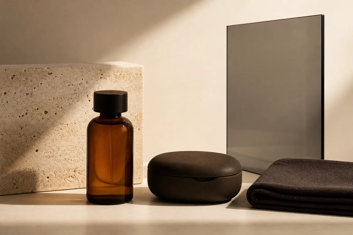 Amber glass, matte ceramic, smoked acrylic, limestone, and dark textile composed as a consistent premium ecommerce product family