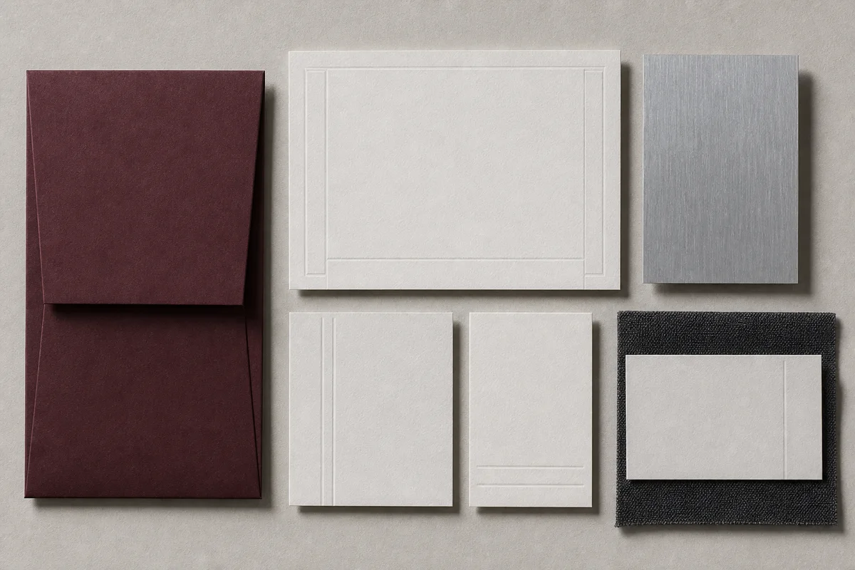 Blank burgundy, ivory, silver, and charcoal material samples arranged in a precise grid for a quiet luxury identity system