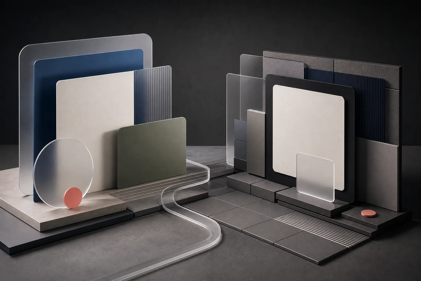 Abstract paired environments connected by shared material and colour rules, representing brand and product UI alignment