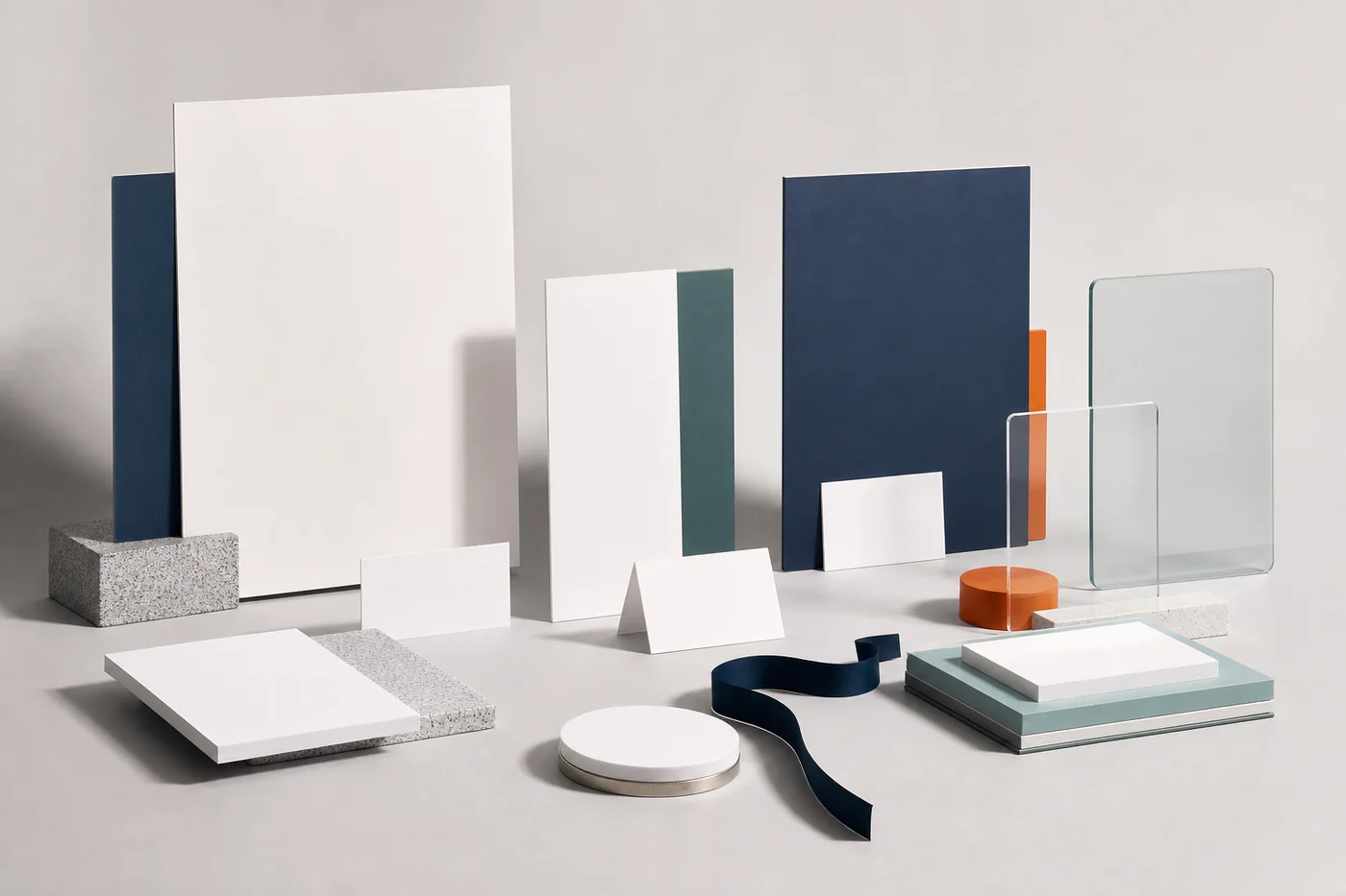 A modular SaaS identity system represented by blank paper, glass, metal, and colour components