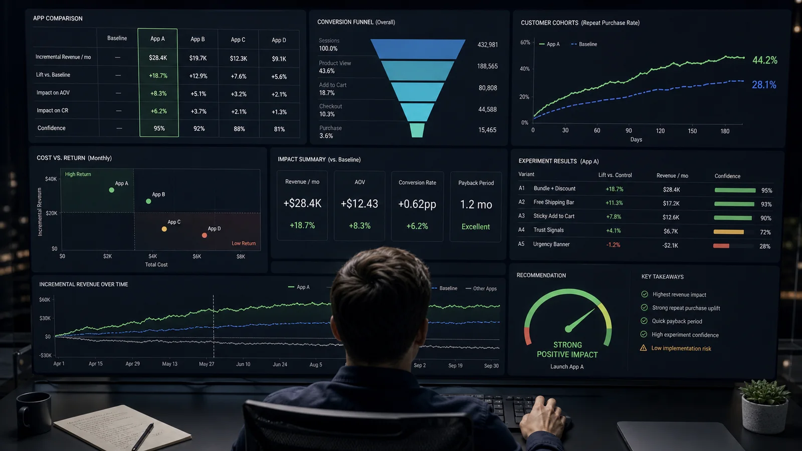 An ecommerce operator comparing app cost, revenue, conversion, and customer data